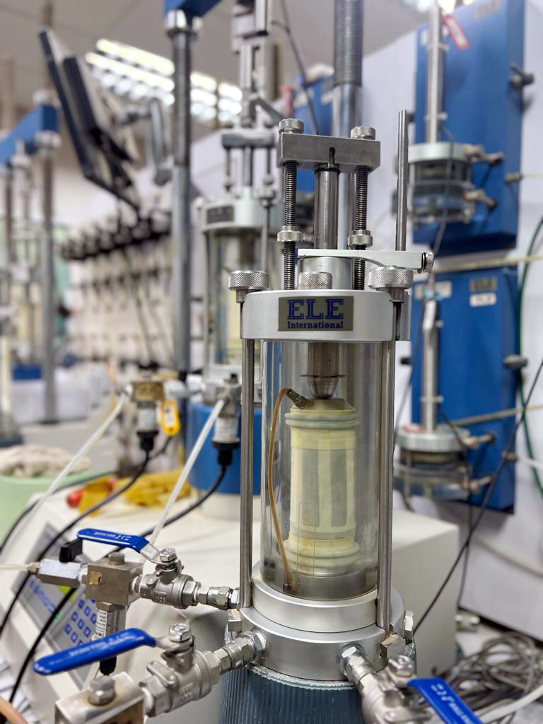 Consolidated undrained triaxial soil test equipment in the Lab Services laboratory